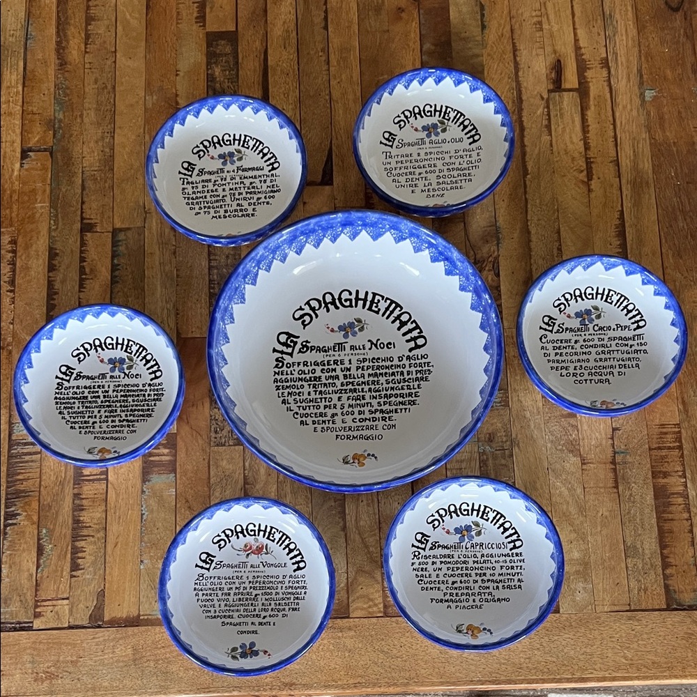 Italian Handpainted White La Spaghetteria Spaghetti Serving Bowl Set Vintage